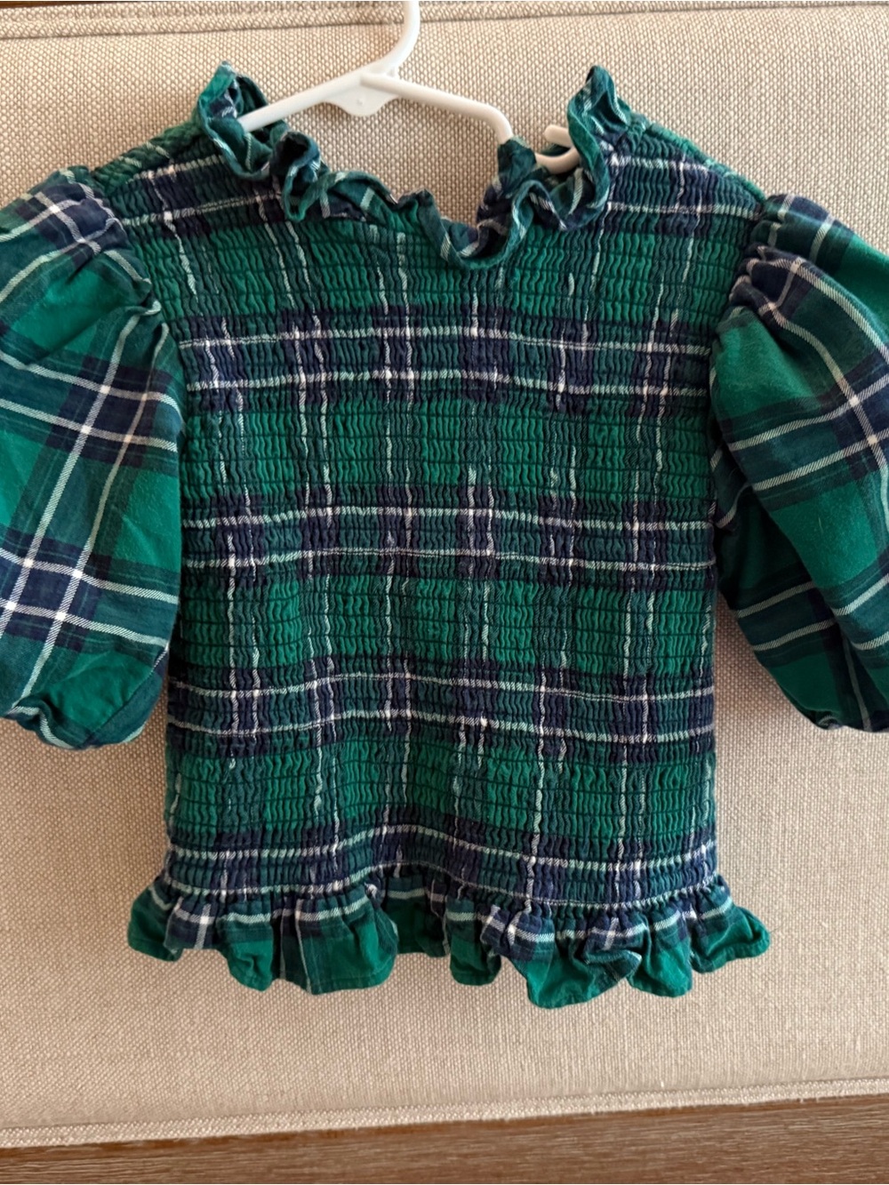 Janie and Jack Dark Green Plaid Smocked Puff Sleeve Top